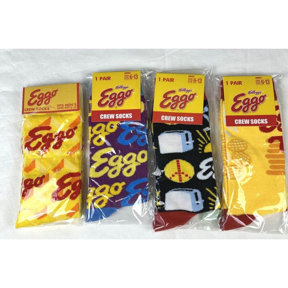 New Novelty Crew Socks Eggo Waffles Size 6-12/13 Fun Breakfast Colorful Lot of 4